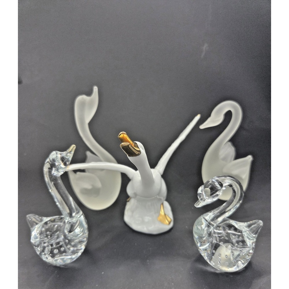 Vintage Glass & Porcelain Swan Lot of 5 Monti Fiero Spain Controlled Bubble MCM